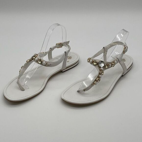 ISOLA Sandal Women’s Size 10 White Leather Rhinestone Thong Slingback Flat - Picture 13 of 14